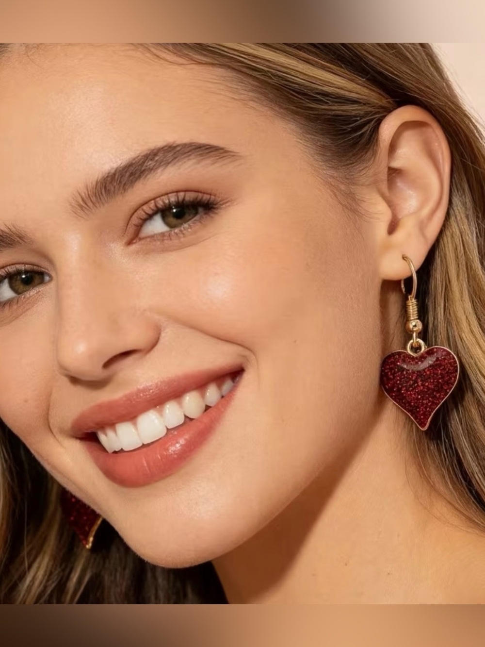 Gold Hoop Earrings with Deep Red Glitter Heart Drop